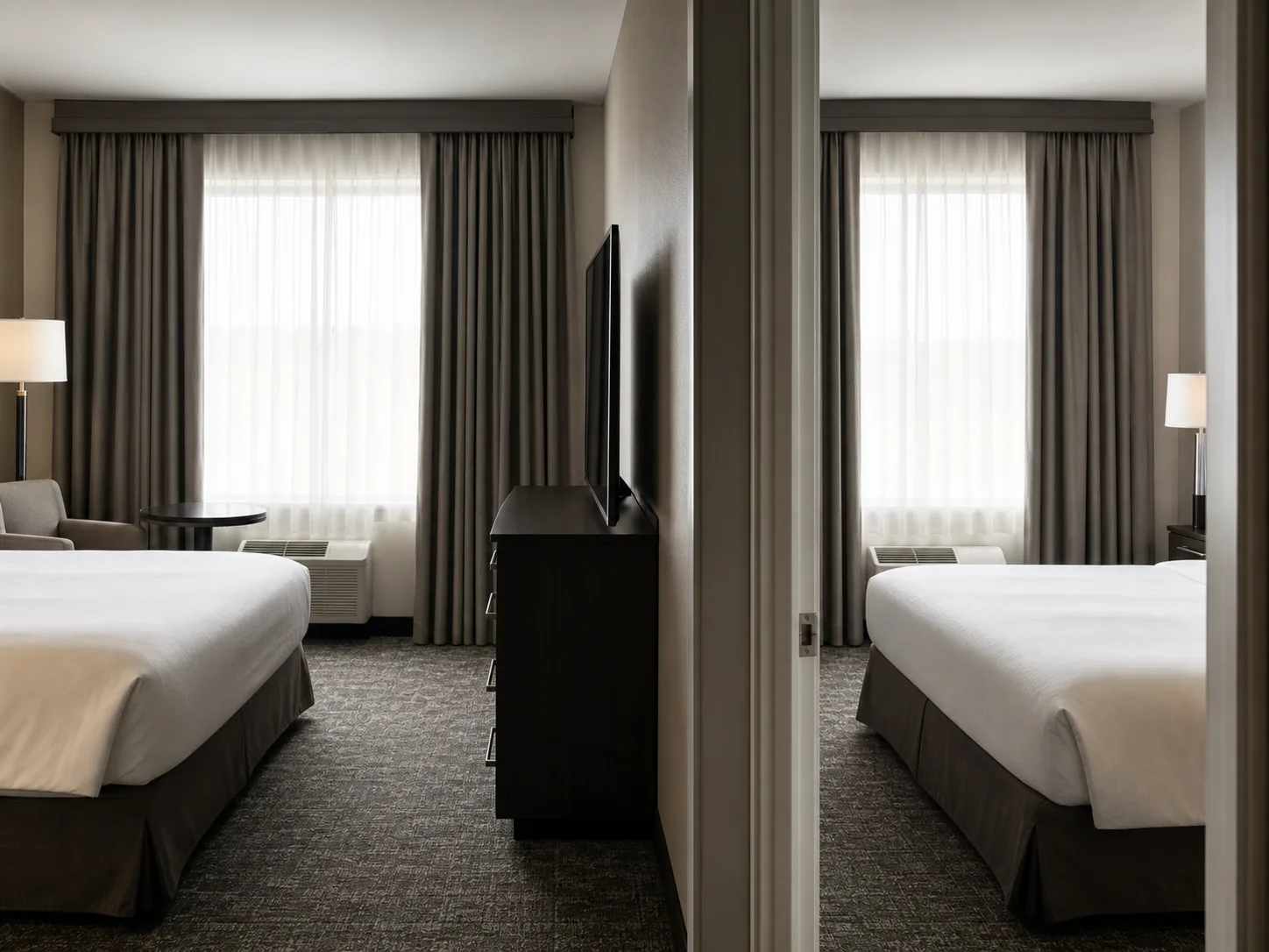 Two hotel rooms with matching window treatment specifications
