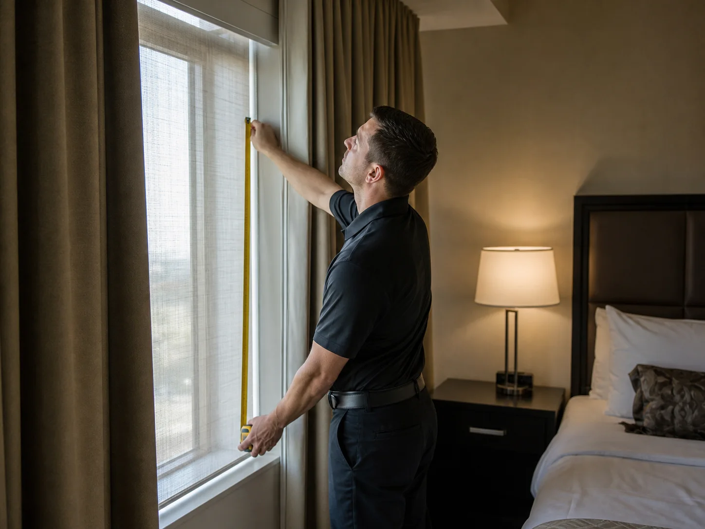 Window treatment specialist measuring a hotel guest room window